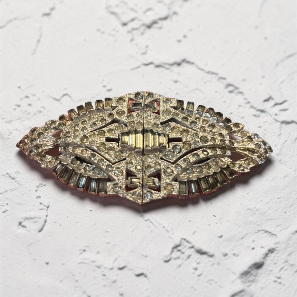 Art Deco Rhinestone Duette Dress Clips Brooch Double Clip Geometric 1930s